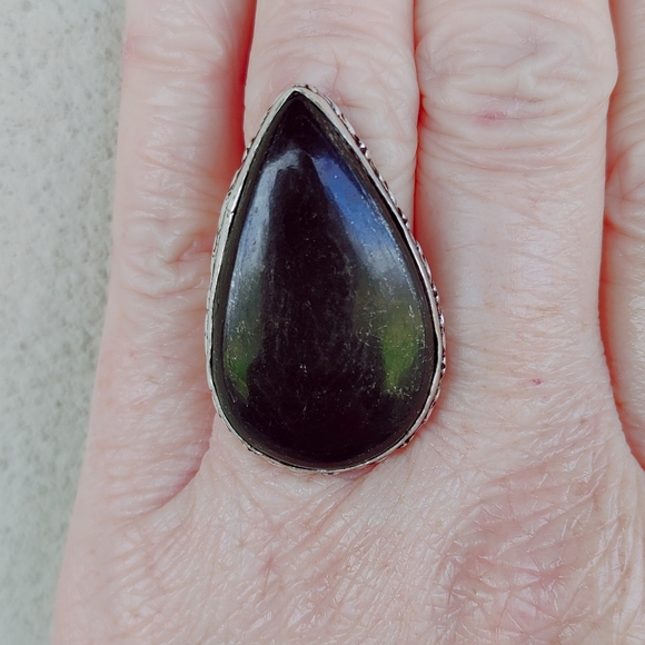 Large Black Obsidian Ring in Elaborate Sterling Silver Overlay Setting (size 7) - Picture 1 of 15